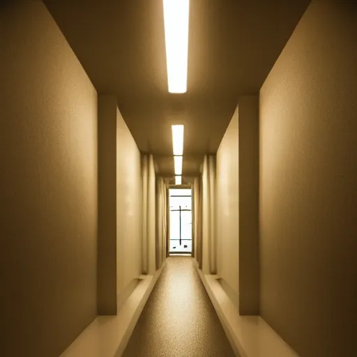 Prompt: a dark and recursive hallway with many doors, with a heavenly glow