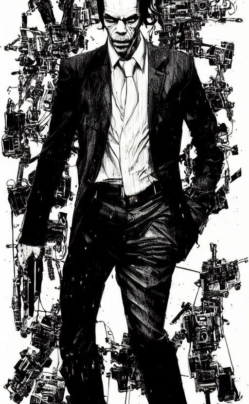 Image similar to full body portrait of nick cave as agent smith, sumi - e lighting style, intricate linework, artstation, trending, highly detailed, smooth, focus, concept art by yoji shinkawa and glenn fabry, lee bermejo, gabriele dell'otto