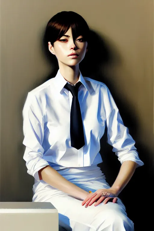 Image similar to a ultradetailed beautiful portrait panting of a stylish woman sitting in a bath, she is wearing a white shirt with a tie, oil painting, by ilya kuvshinov, greg rutkowski and makoto shinkai