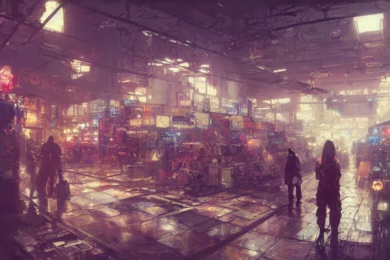 Image similar to cyberpunk market interior, intricate, elegant, highly detailed, john park, craig mullins, sparth, ruan jia, jeffrey catherine jones