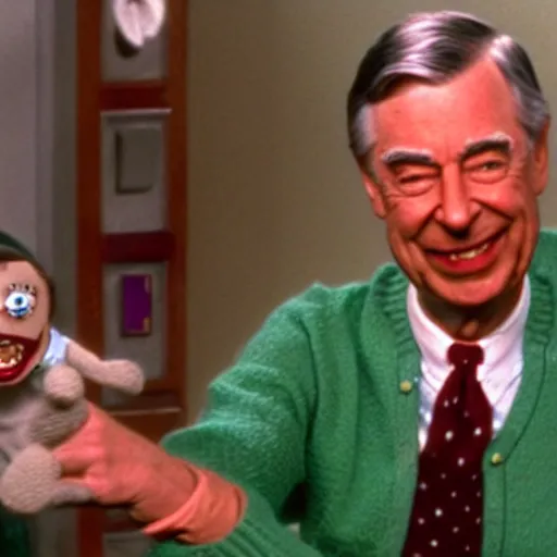 Prompt: mr. rogers proudly displaying an extremely disturbing horror puppet dripping with slime, color screengrab, 4 k