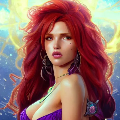 Image similar to ultra realistic illustration, bella thorne as starfire anime, intricate, elegant, highly detailed, digital painting, artstation, concept art, smooth, sharp focus, illustration, art by artgerm and greg rutkowski and alphonse mucha and wlop