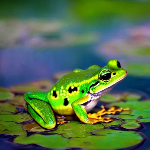 Image similar to fantasy art, close - up of a crowned prince frog in a small crown!!! crown crown crown in the pond with water lilies, shallow depth of field, highly detailed, autumn, rain, masterpiece, matte painting, sharp focus, matte painting, by isaac levitan, by monet, asher brown durand,