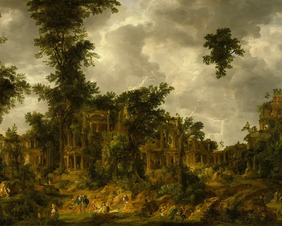 Prompt: landscape painting of Roman basilica overgrown with verdant foliage, during a thunderstorm, by hermann corrodi.