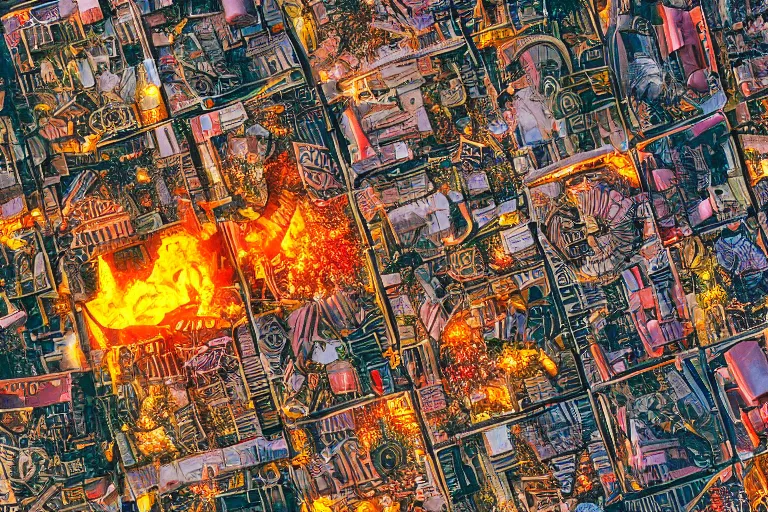 Prompt: steampunk city on fire, aerial view, 4k high res, macro detail, vivid color 120 film