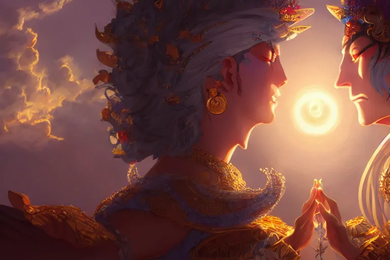 Image similar to close up moment of a divine a sun god and a moon goddess lovers magician at a wedding banquet, highly detailed, d & d, fantasy, 4 k realistic, digital painting, trending on artstation, concept art, sharp focus, illustration, art by makoto shinkai and akihiko yoshida and daniel gerhartz