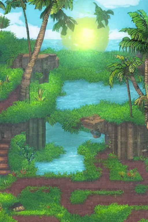 Prompt: “ a pre - rendered background from a 1 9 9 9 jrpg, tropical ”