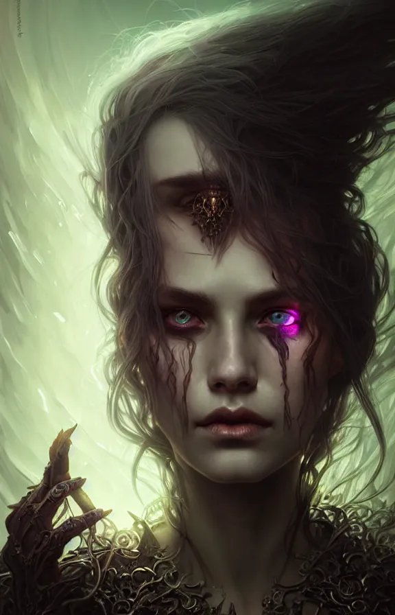 Image similar to Necromancer Sorceress face close-up macro in center, fantasy magic, undercut hairstyle, dark light night, intricate, elegant, sharp focus, illustration, highly detailed, digital painting, concept art, matte, art by WLOP and Artgerm and Greg Rutkowski and Alphonse Mucha, masterpiece