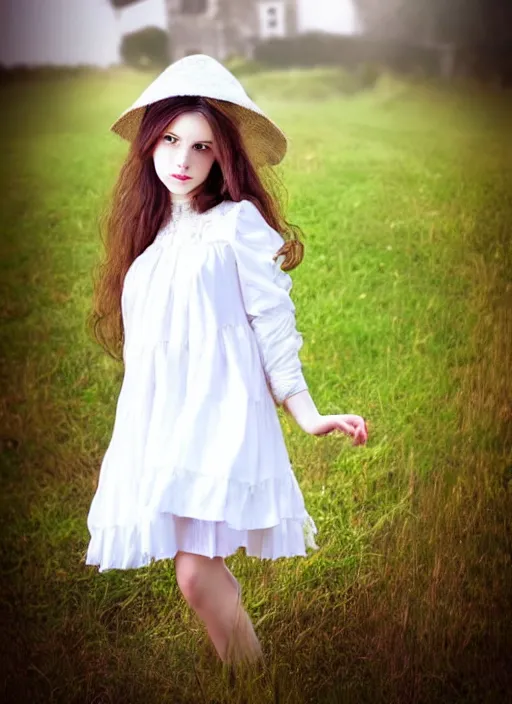 Image similar to portrait of girl dressed in white clothes countryside country style country house fantasy character portrait dynamic pose