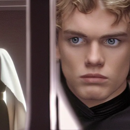 Prompt: anakin skywalker looking at the mirror and seeing darth vader, full body