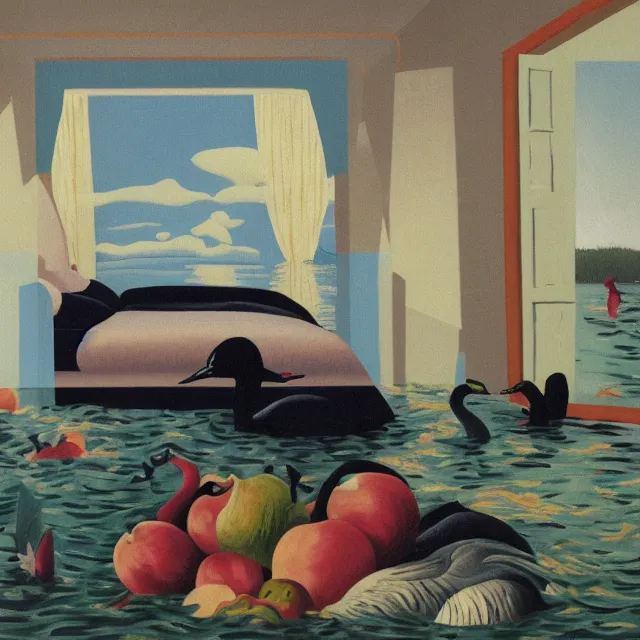 Prompt: painting of flood waters inside a bedroom, female emo art student, a river flooding indoors, pomegranates, pigs, ikebana, water, octopus, river, rapids, waterfall, black swans, canoe, berries, acrylic on canvas, surrealist, by magritte and monet