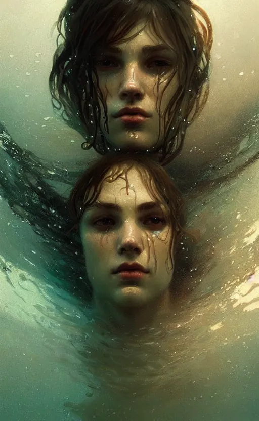 Prompt: a portrait of a drowned man under water, concept art, deep focus, intricate, highly detailed, digital painting, artstation, matte, sharp focus, bokeh, art by greg rutkowski and alphonse mucha