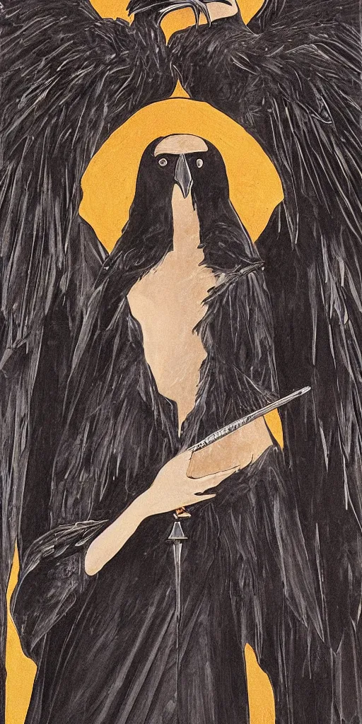 Image similar to portrait of a raven in a vantablack cloak and holding a symbolic weapon. portrait hung up in a windows 9 8 castle. r / oldschoolfantasy