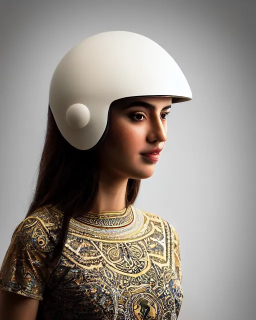 Prompt: centered medium shot fine studio photograph of a beautiful persian girl wearing an ancient persian solarpunk electronic helmet with led lights, ultra-realistic, white background, 8k HDR morning light, intricate detail