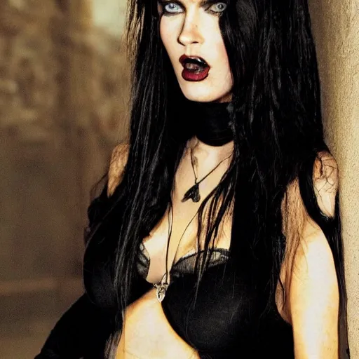 Prompt: megan fox posing as a vampire in gothic clothing in an dark gothic apartment - n 4