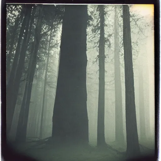 Image similar to a towering statue in a forest clearing reaching into the fog, night, old polaroid, expired film, megalophobia,