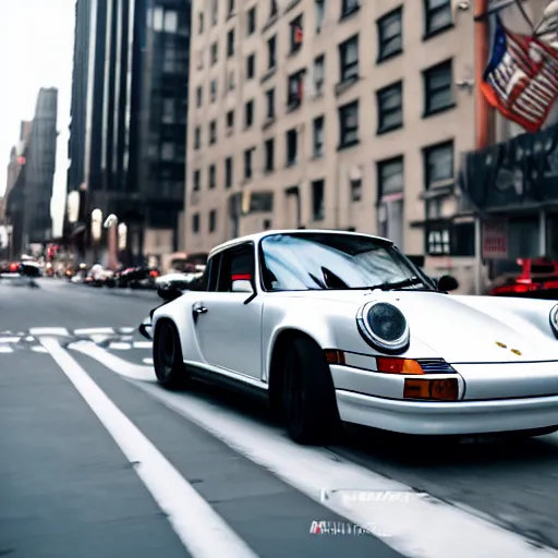 Prompt: photo of a porsche 9 1 1 9 6 4 drifting through nyc, cinematic, motion blur, shallow dof, 3 5 mm, heli shot, macro