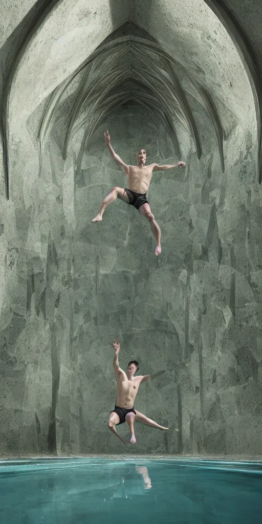 Prompt: a man swims laps in a clear pool. photo inside underground geometric sandstone gothic vaults. daylight streams in from sky between arched ribs. architectural photography. 4 k, 8 k. volumetric lighting. dark, somber, moody lighting, deep shadows. ivy and many plants hanging from ceiling, weathered concrete. corona render