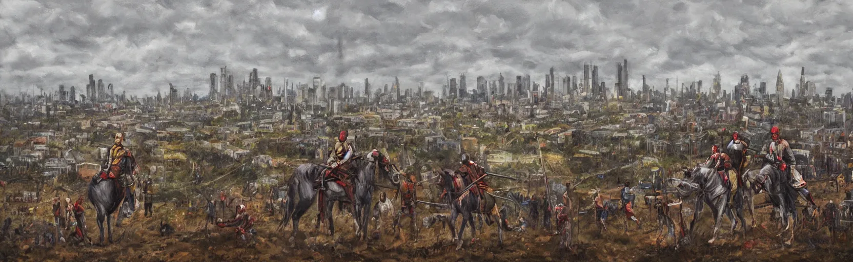 Prompt: horseback knights at scenic overlook; cloudy, grey skies, tents in foreground, fortress city of deteriorating office buildings in background upon hill, post apocalyptic, grungy; oil on canvas, artstation, neon