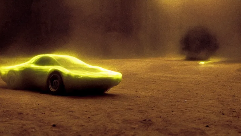 Image similar to the car made of glowing wax, film still from the movie directed by Denis Villeneuve and David Cronenberg with art direction by Zdzisław Beksiński, wide lens