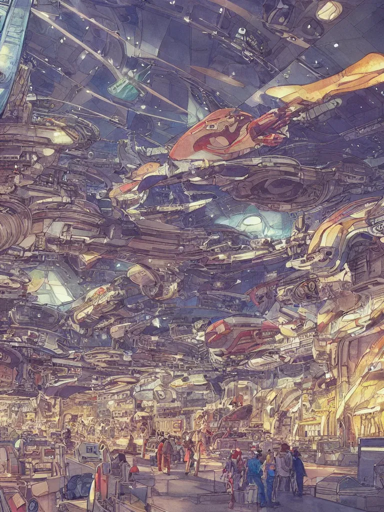 Image similar to interior of a busy spaceport, intricate colorful watercolor and ink artwork by moebius. trending on artstation, very coherent symmetrical artwork. cinematic, hyper realism, high detail