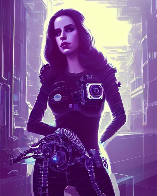 Image similar to portrait of lana del rey as a cyberpunk cyborg. roses, sci - fi, missing panels, intricate abstract, upper body, intricate artwork, by tooth wu, wlop, beeple, dan mumford. concept art, 8 k octane render, deviantart, greg rutkowski, cinematic, key art, hyperrealism, iridescent accents