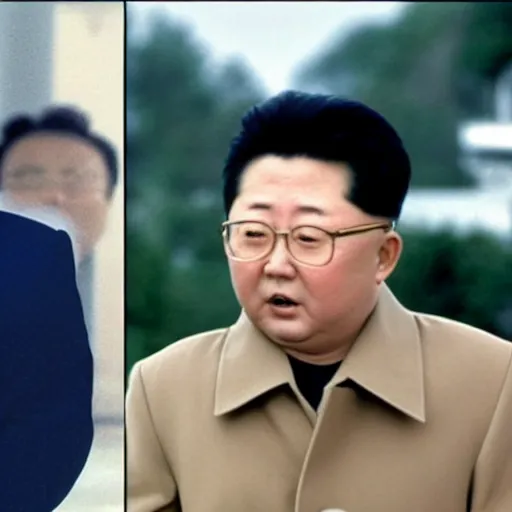 Prompt: split screen filmstill of Kim Jong-il and Shin Sang-ok