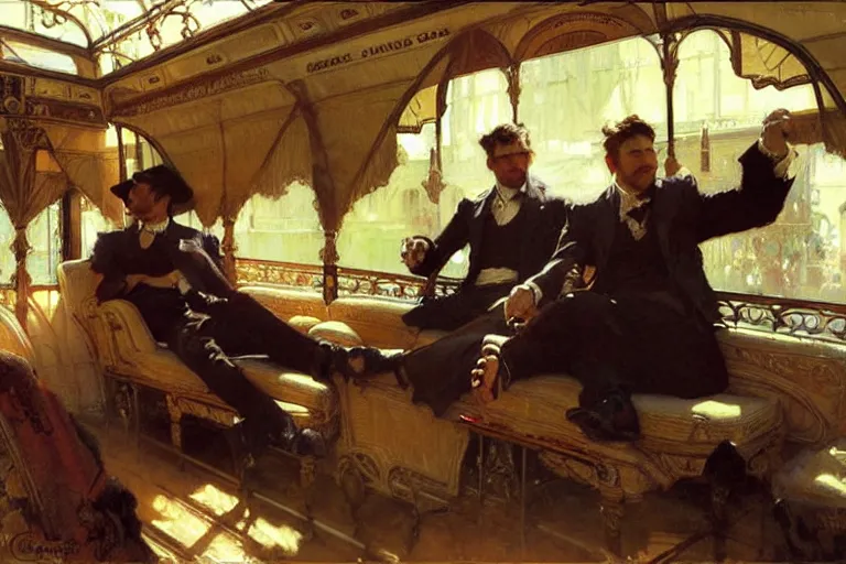 Image similar to 2 attractive men sitting on a coach, painting by gaston bussiere, craig mullins, greg rutkowski, alphonse mucha