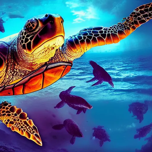 Image similar to zombified sea turtle, beautiful composition, wide angle, colorful, cinematic, volumetric lighting, intricate details painting