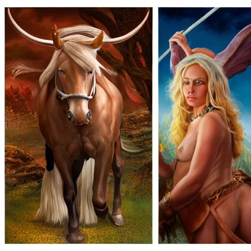 Image similar to a detailed fantasy character portrait of Donald Trump as a Centaur king of arts by lauri blank, artgerm, evelyn de morgan, 8K, 50mm lens