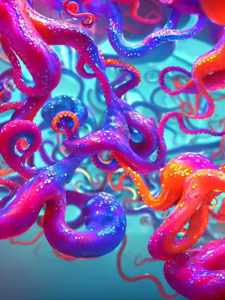 Prompt: colorful liquid octopus tentacles, beeple, octane render, hyper detailed painting, particles, bubbles