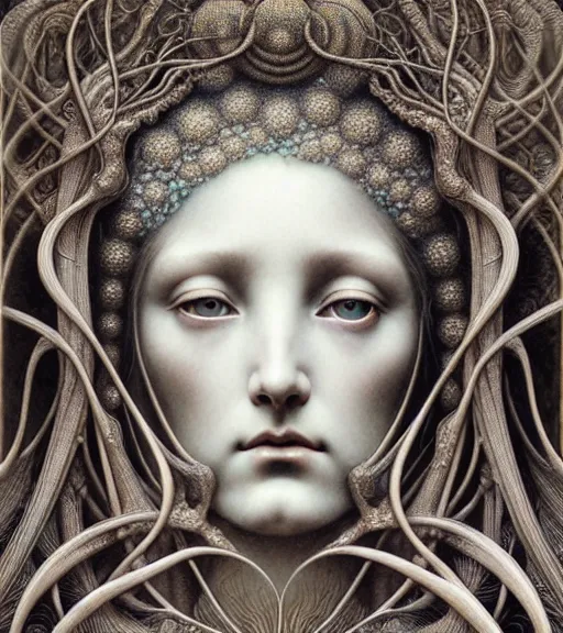 Image similar to beautiful moon goddess detailed realistic porcelain face portrait by jean delville, gustave dore, iris van herpen and marco mazzoni, art forms of nature by ernst haeckel, art nouveau, symbolist, visionary, gothic, neo - gothic, pre - raphaelite, fractal lace, intricate alien botanicals, ai biodiversity, surreality, hyperdetailed ultrasharp octane render