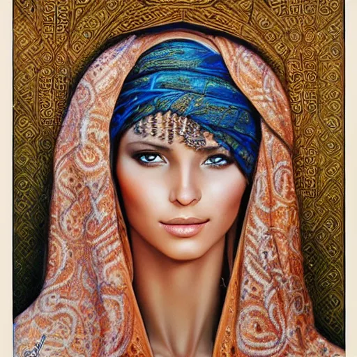 Prompt: a beautiful touareg algerian woman by karol bak, ayami kojima, artgerm, sakimichan, arabian beauty, blue eyes, smile, concept art, fantasy