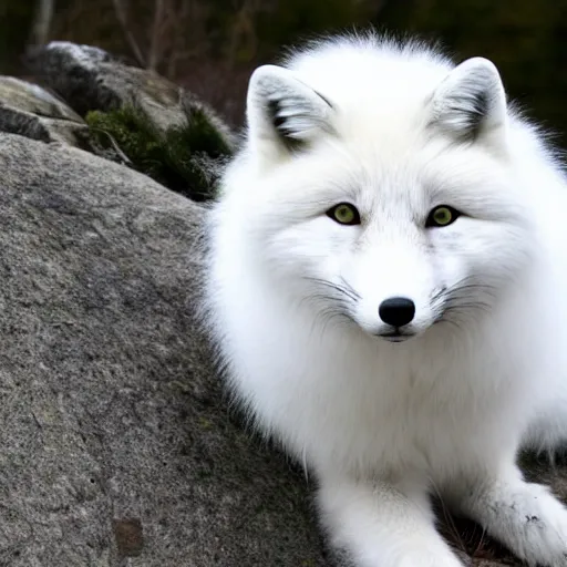 Prompt: well fluffy white fox on rock, forest, snowy, photo