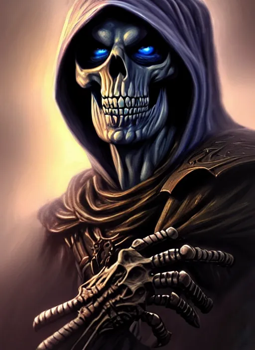 Image similar to skeletor, as a brooding figure of the dark caught in the never - ending push and pull between good and evil diffuse lighting, fantasy, intricate, highly detailed, lifelike, photorealistic, digital painting, artstation, illustration, concept art, smooth, sharp focus, art by john collier and albert aublet and krenz cushart