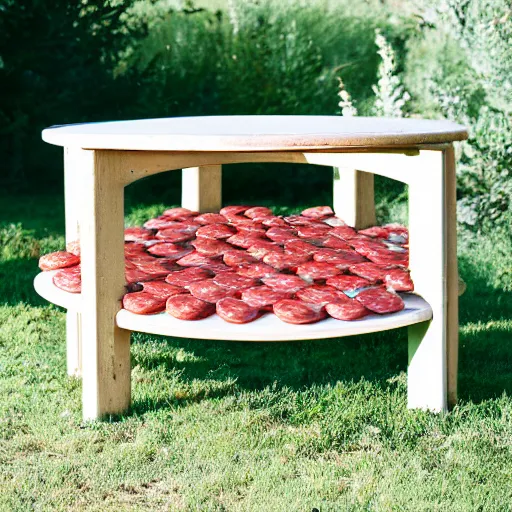 Prompt: a round salami bench, studio photography, 5 0 mm