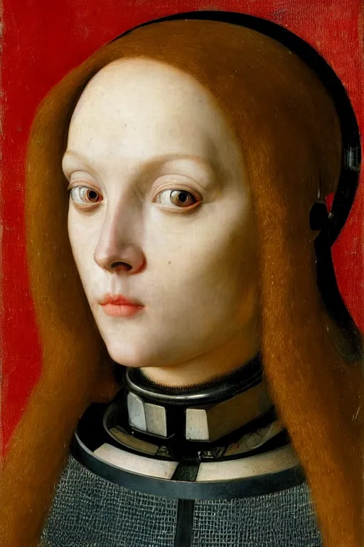 Image similar to a close - up portrait of a cyberpunk cyborg girl, by jan van eyck, rule of thirds