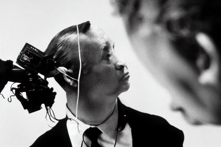 Prompt: a cinematic black and white image of a robot measuring a human ear, a film by david lynch