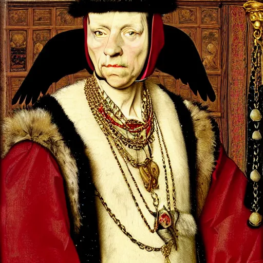 Image similar to a highly detailed painting of a raven dressed in an elegant embroidered vest, using a golden tudor necklace, in a room with thick red tapestries, by hans holbein