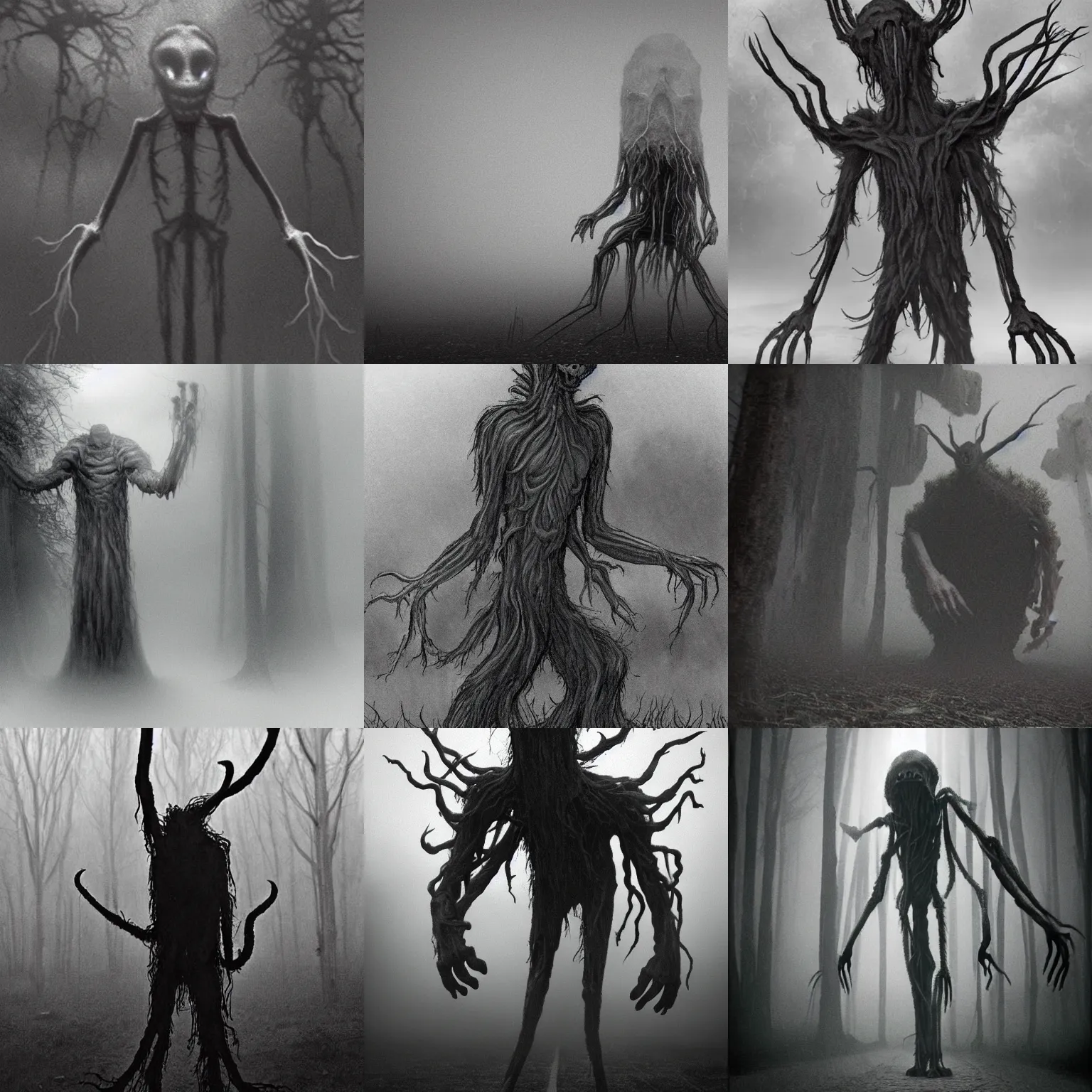 Prompt: eerie fleshy giant spirit creature spindly guy thing in the mist wearing really big shoes, terrifying, silly and goofy, spiritual cryptid, awe inspiring, grainy footage, zdislaw beksinsi