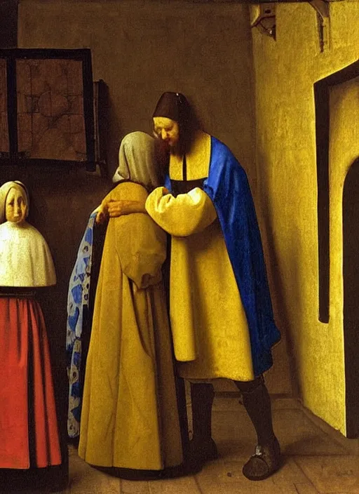 Image similar to date at the crowded medieval inn. Medieval painting, by Johannes Vermeer, Jan van Eyck