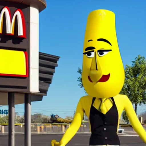 Image similar to anthropomorphic fruit lemon working at mcdonalds wearing mcdonalds uniform