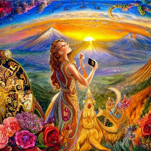 Image similar to a painting by josephine wall depicting aires as a goddess large ram horns, checking her cell phone, erupting volcano and sunrise in distance in background, flowers in foreground, acrylic on canvas, intricately detailed, highly detailed, high resolution, hd, 8 k, wallpaper, trending on artstation, zodiac, fantasy