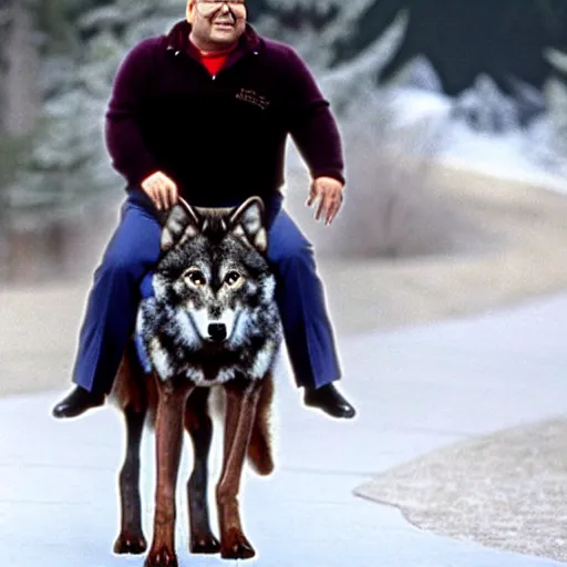 Image similar to George Costanza (from Seinfeld) riding a wolf