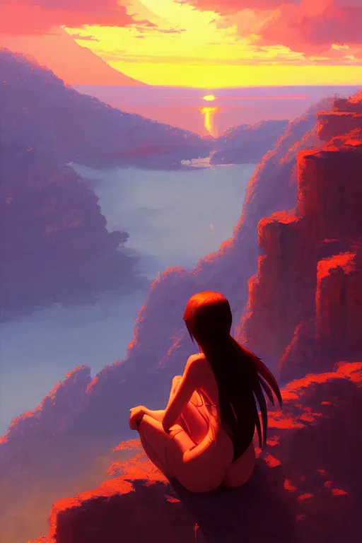 Image similar to a woman sitting on a cliff looking over a burning village, dramatic sunset, by ilya kuvshinov, krenz cushart, Greg Rutkowski, trending on artstation