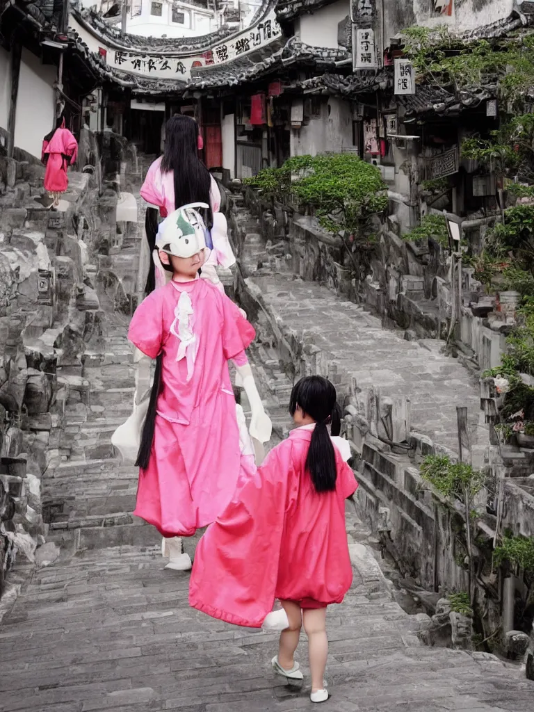 Prompt: 2 0 0 1 digital photo of a young japanese girl cosplaying as chihiro from “ spirited away ”, in a beautiful location of jiufen in taiwan. highly - detailed professional photography.