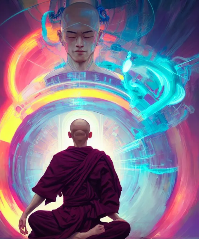 Image similar to a floating monk, meditating, wearing netrunner clothing, vaporwave aesthetic, colorful, psychedelic, digital painting, artstation, concept art, smooth, sharp focus, illustration, art by artgerm and greg rutkowski and alphonse mucha