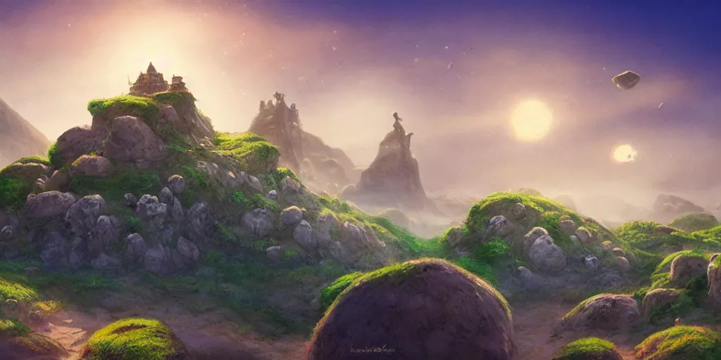 Image similar to lush and beautiful concept art for the shire, floating rocks in the air, stone city, arabian castles, sand, golden sun, planets, lord of the rings, peter jackson, studio ghibli, detailed, realistic lighting, volumetric lighting, golden hour,