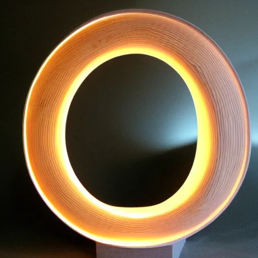 Image similar to circle shaped sculpture, curves, wood, colored lights, portal, sketch