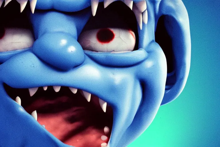 Image similar to horrific screaming smurf portrait stuck in the matrix, glitchy, buggy, playstation 1 graphics, low poly 3 d render, creepypasta, volumetric lighting, dramatic, octane render, scary, horrific, award - winning, detailed, weird, close - up, featured on artstation, strange, off - putting, demonic, odd, atmospheric, ambient, spooky